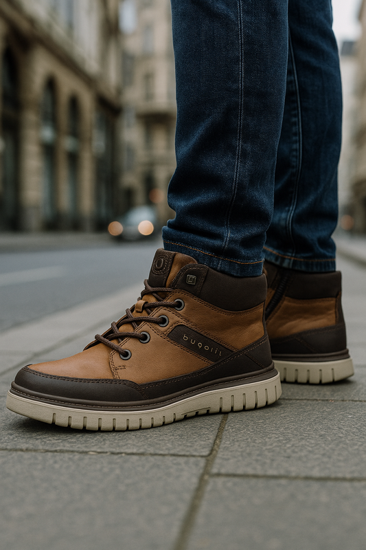 Leather Lace-Up Hybrid Boots - Cognac