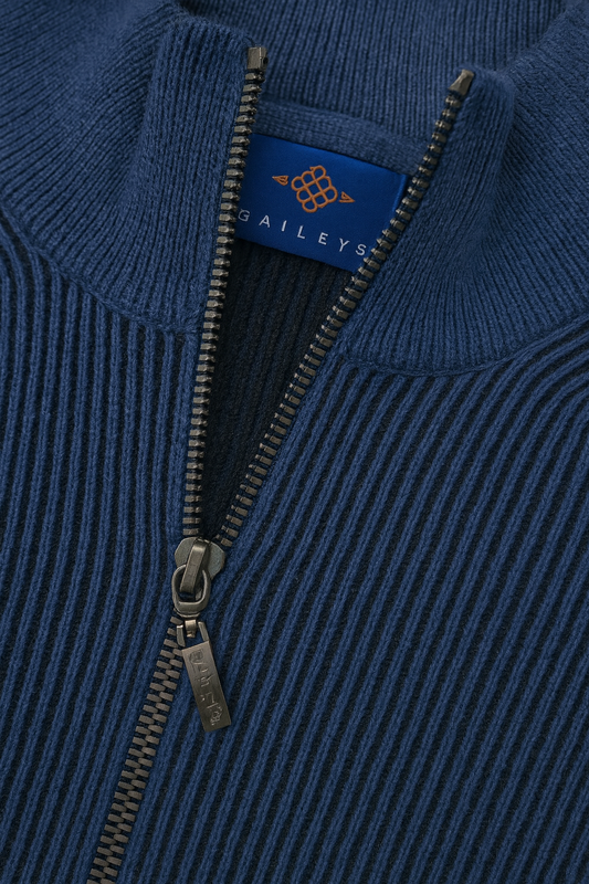 Cotton Ribbed Detail 1/4 Zip - Blue