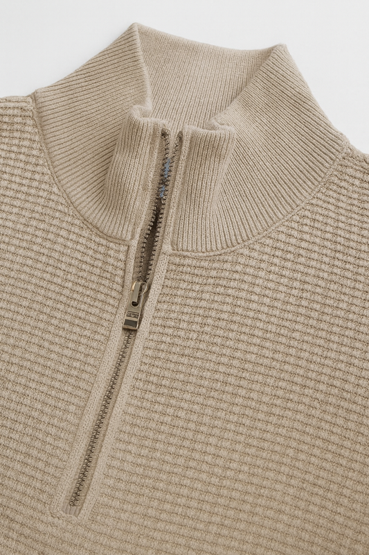 Textured Quarter-Zip Cotton Sweater – Beige