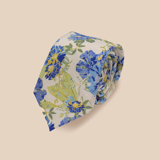 FLORAL/ BIRD Print Tie and Hankie - Cream Blue