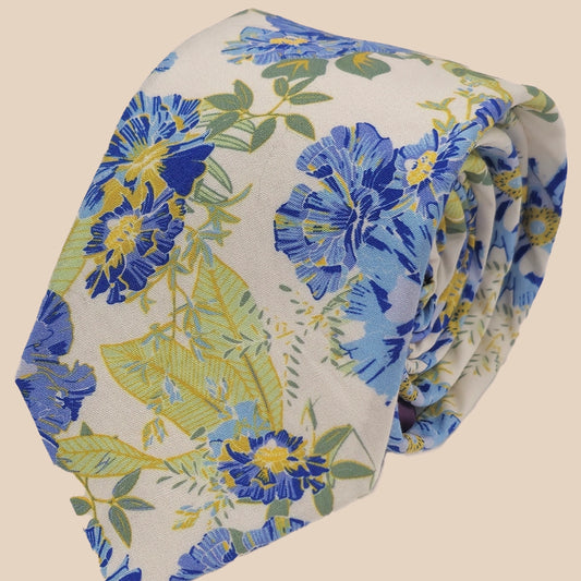 FLORAL/ BIRD Print Tie and Hankie - Cream Blue