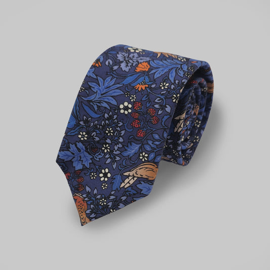FLORAL/ BIRD Print Tie and Hankie -Navy Bird