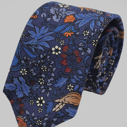 FLORAL/ BIRD Print Tie and Hankie -Navy Bird