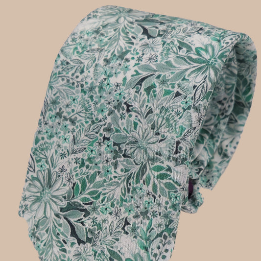 Floral / Bird Cotton Print Tie and Hankie - Sage on White