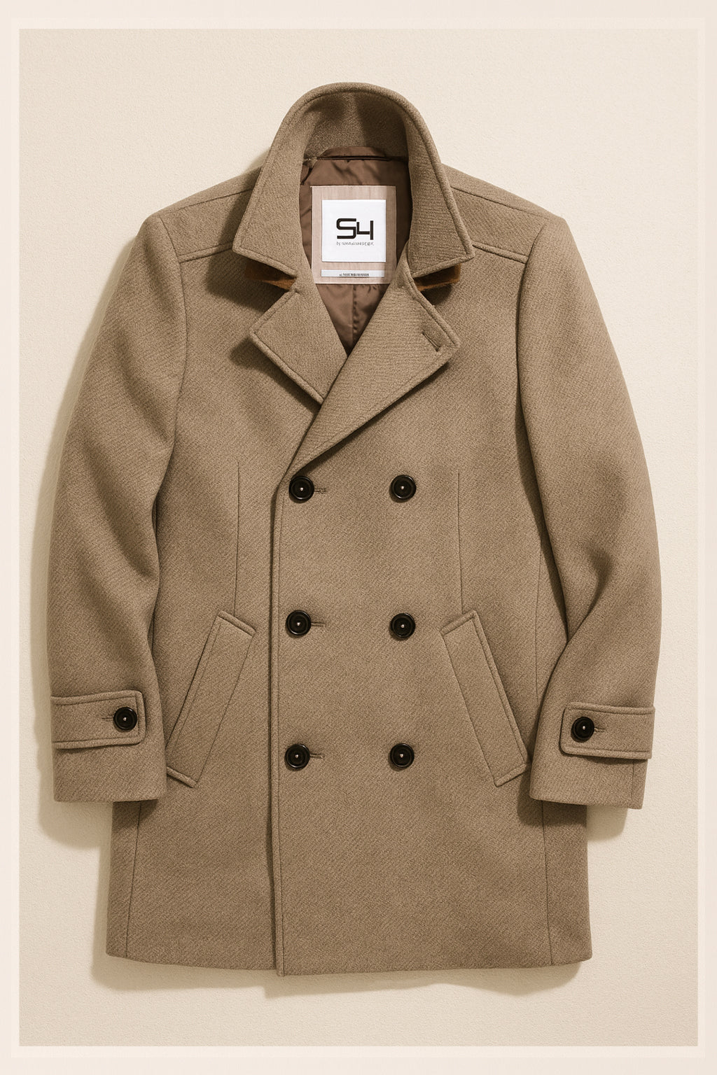 Wool Blend Double-Breasted Overcoat - Brown/ Beige