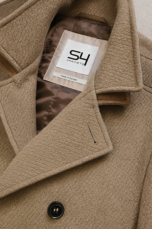 Wool Blend Double-Breasted Overcoat - Brown/ Beige