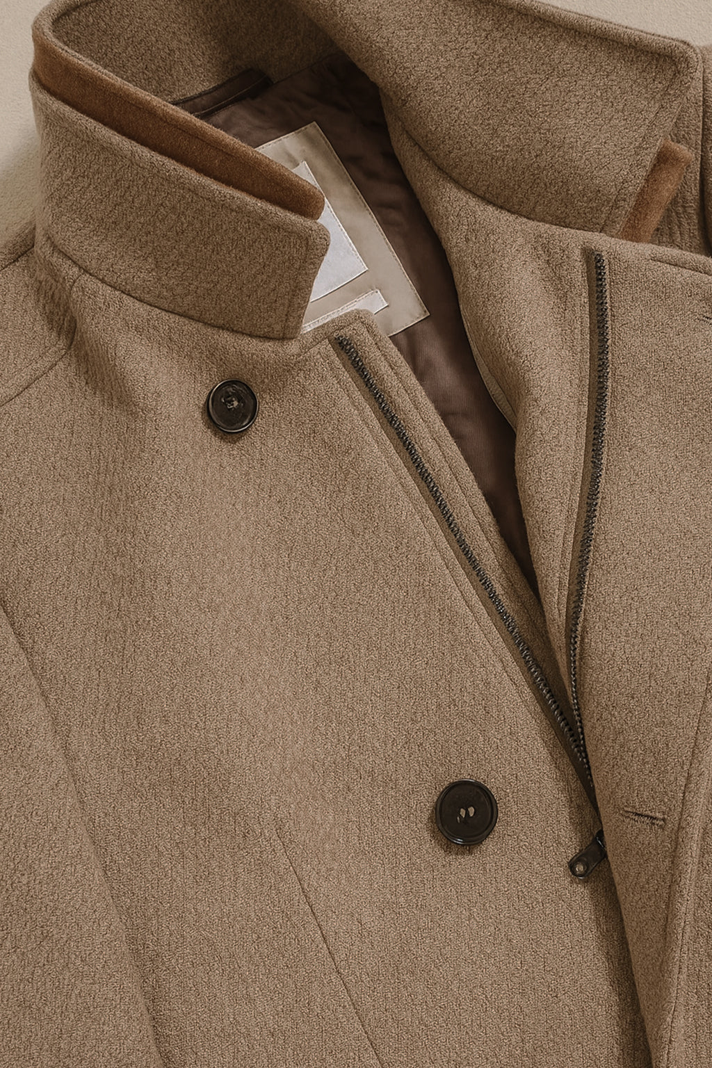 Wool Blend Double-Breasted Overcoat - Brown/ Beige