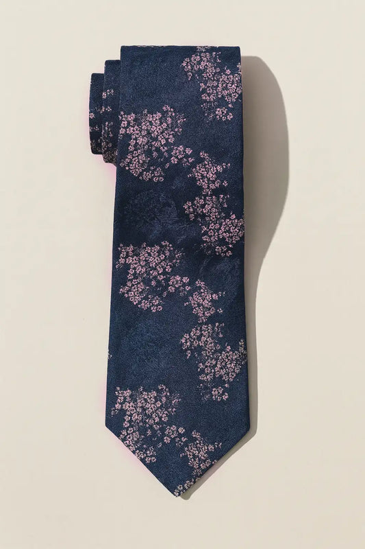 Japanese Floral Tie and Hankie Set - Navy / Pink