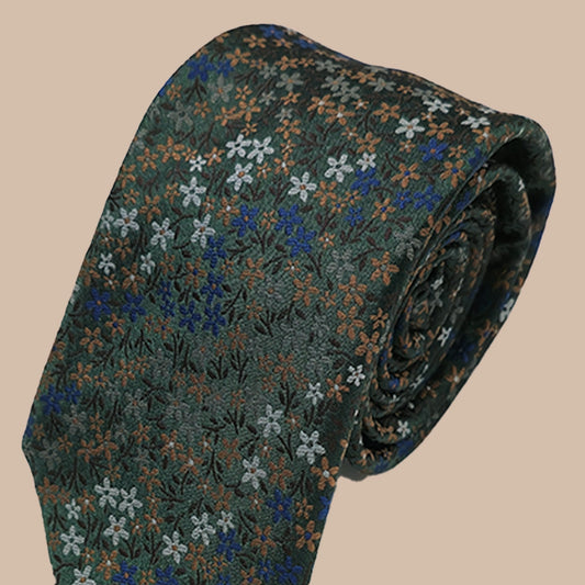Micro Floral Print Tie and Hankie - Olive