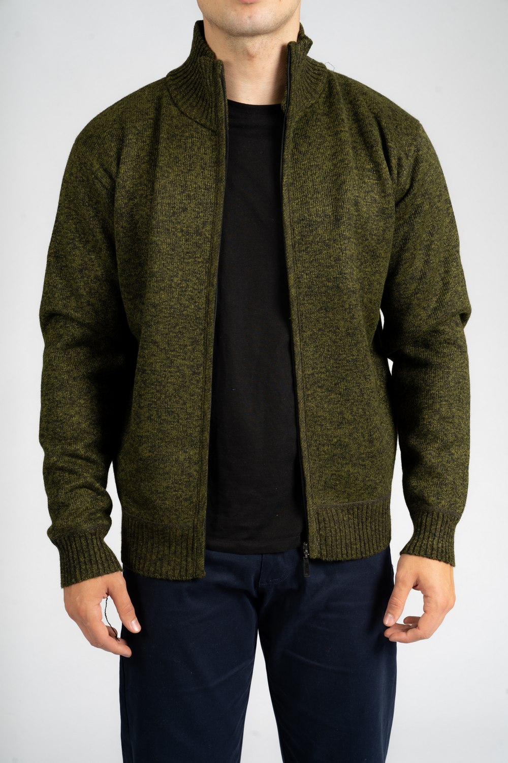 Chunky Knit Fleece-Lined Zip Cardigan - Olive