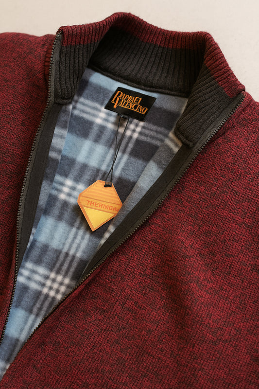 Chunky Knit Fleece-Lined Zip Cardigan - Burgundy