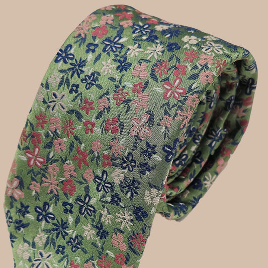 Mini Floral Print Tie and Hankie Set - Green