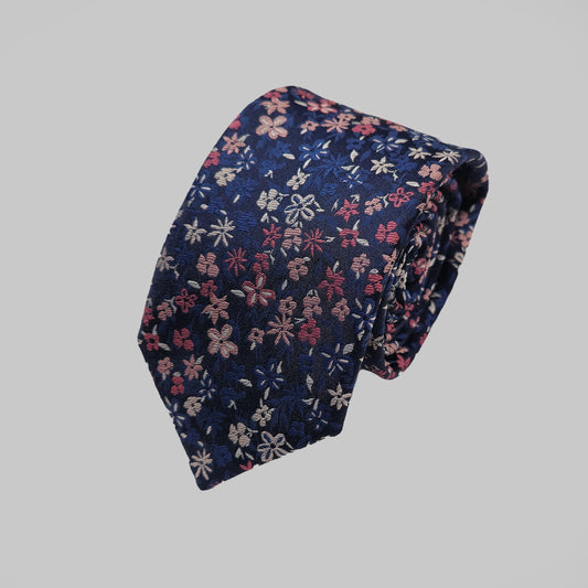Mini Floral Print Tie and Hankie Set - Navy Pink