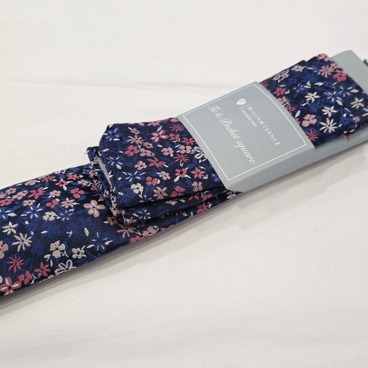 Mini Floral Print Tie and Hankie Set - Navy Pink
