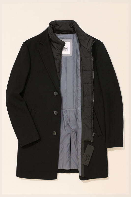 New Edison Wool-Rich Hybrid Overcoat - Black