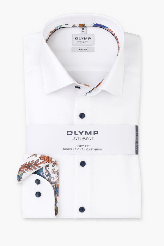 OLYMP Body Fit Plain Long Sleeve Shirt - White w/ Navy Details