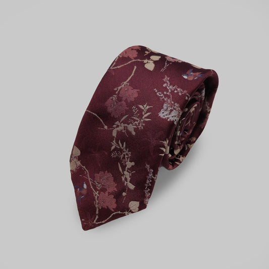 Oriental Floral Tie and Hankie - Burgundy