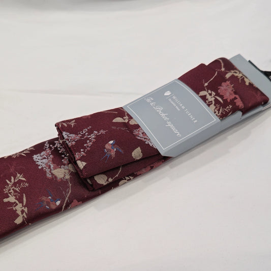 Oriental Floral Tie and Hankie - Burgundy