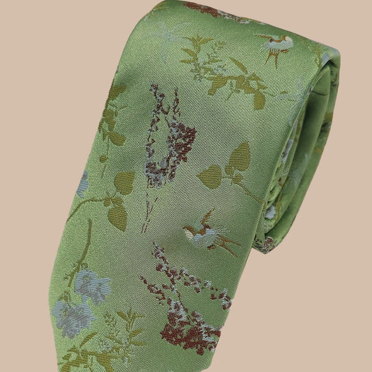 Oriental Floral Tie and Hankie - Light Green