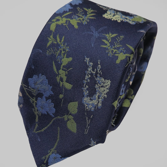 Oriental Floral Tie and Hankie - Navy