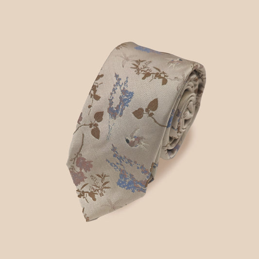 Oriental Floral Tie and Hankie - Stone