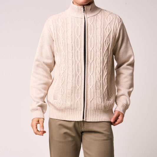 Chunky Cable Knit Fleece-Lined Zip Cardigan - Beige