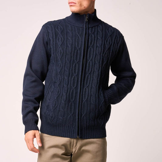 Chunky Cable Knit Fleece-Lined Zip Cardigan - Navy