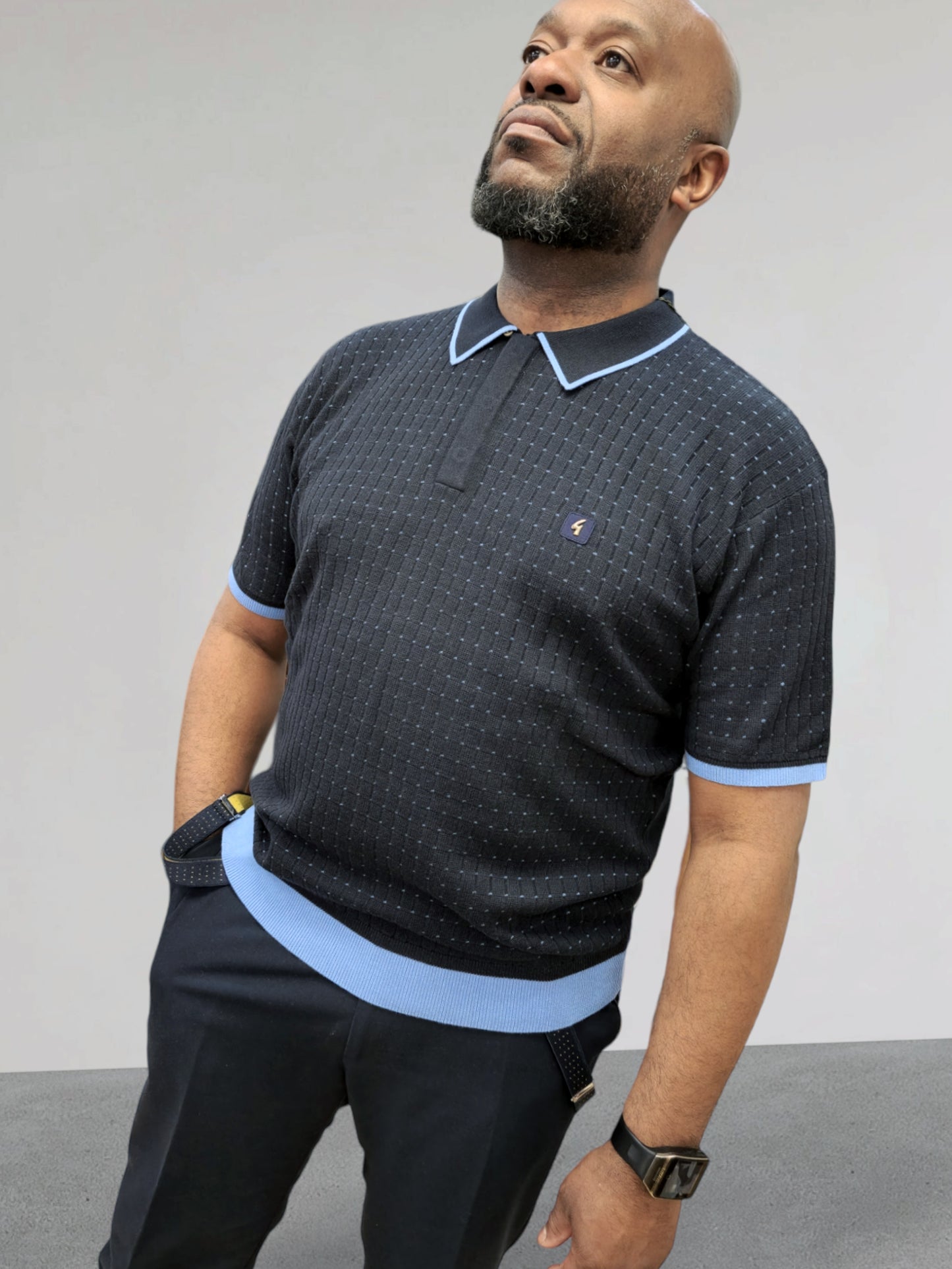 Gabicci Vintage - Short Sleeve Knitted Polo - Navy Textured Pattern