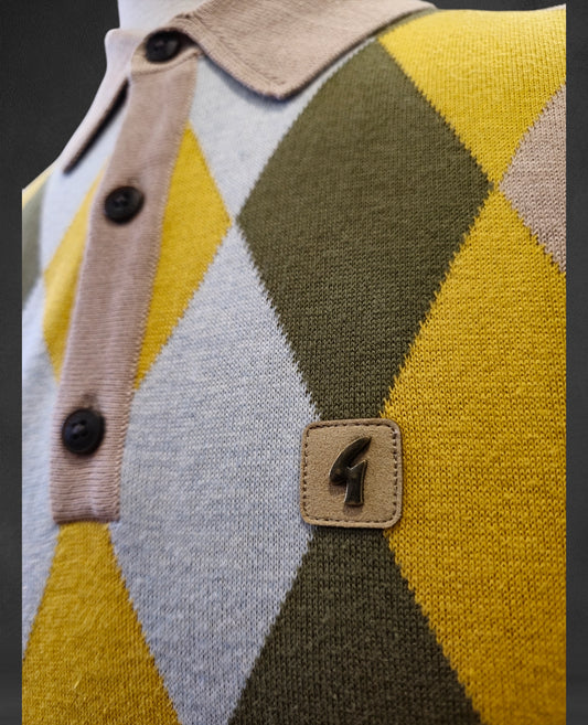 Gabicci Vintage - Short Sleeve Knitted Polo - Granola Argyle