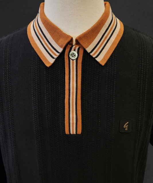 Gabicci Vintage - Long Sleeve Knitted Polo - Black / Walnut