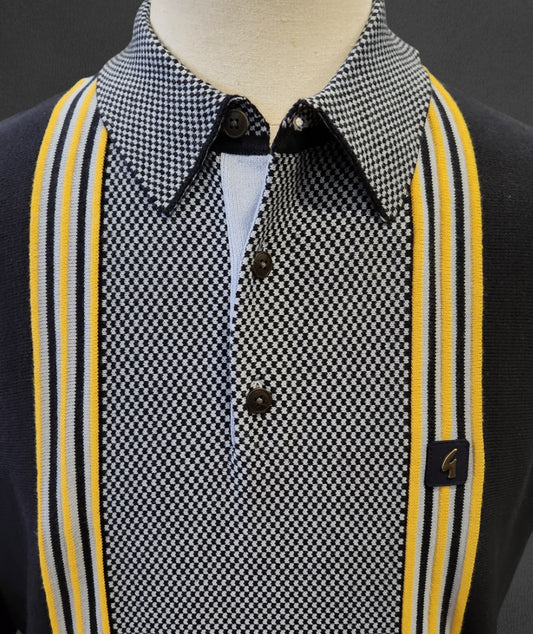 Gabicci Vintage - Long Sleeve Knitted Polo - Navy / Yellow