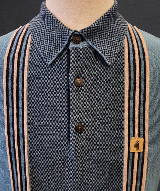 Gabicci Vintage - Long Sleeve Knitted Polo - Teal / Yellow