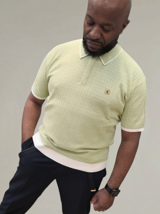 Gabicci Vintage - Short Sleeve Knitted Polo -Pistachio Textured Pattern