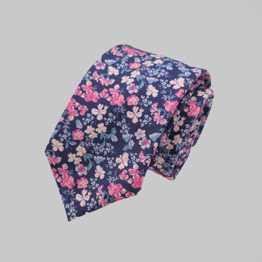 Wild Flower Tie and Hankie Set - Navy Pink