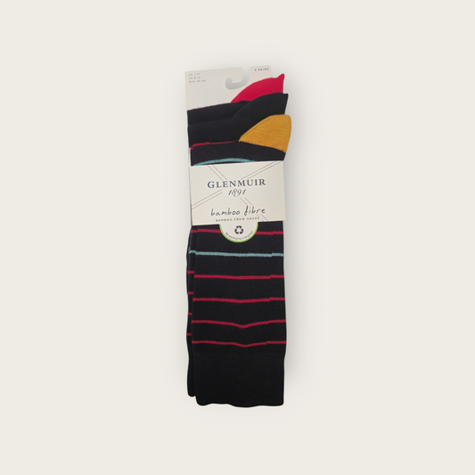 Glenmuir Soft Bamboo 3 Pack Socks - Black Stripe