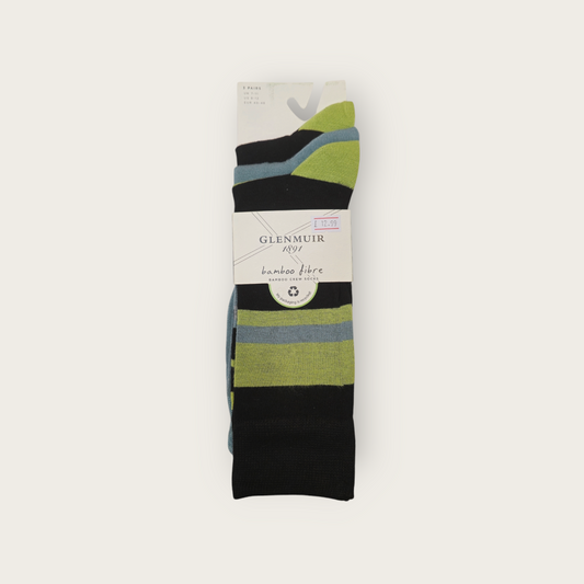 Glenmuir Soft Bamboo 3 Pack Socks - Black & Green Stripe