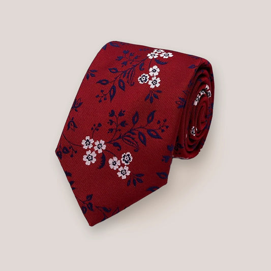 Leafy Floral Tie - Navy On Red 1914/2