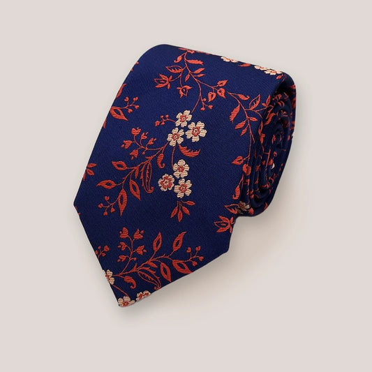 Leafy Floral Tie - Burnt Orange On Navy 1914/3