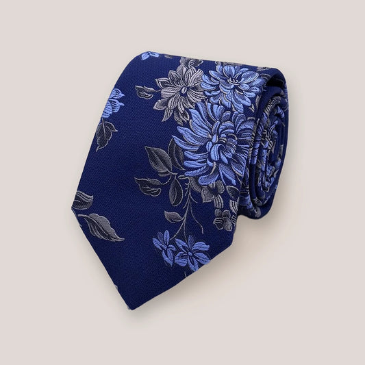 Large Flower Tie - Blue on Navy F1915/01