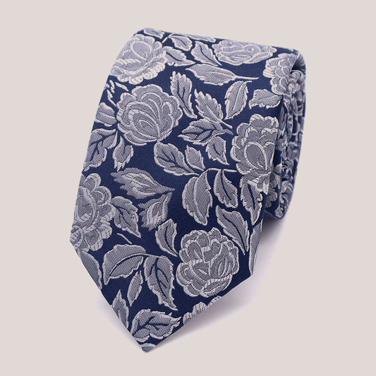 Wedding Rose Tie - Silver on Navy 8012/1