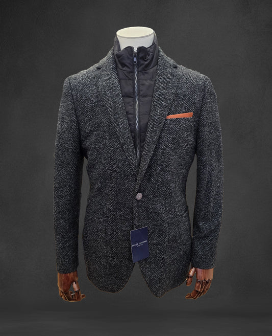 Irwell Charcoal Herringbone Jacket - with Zip Out Mock Gilet