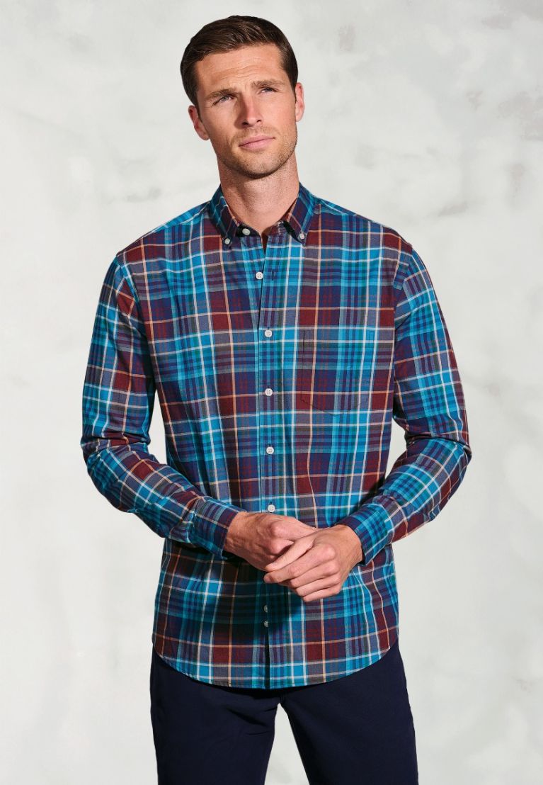 Brushed Cotton Plaid Check Shirt - Teal