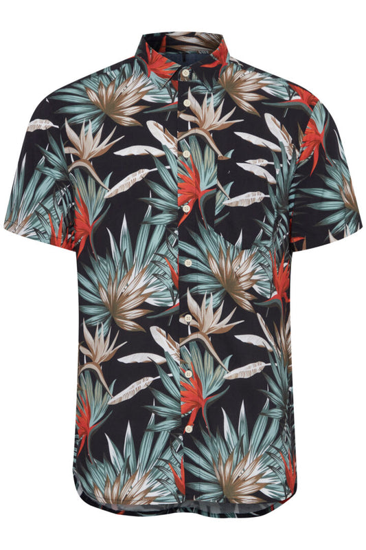 Palm Print Camp Collar Short Sleeve Shirt - Black