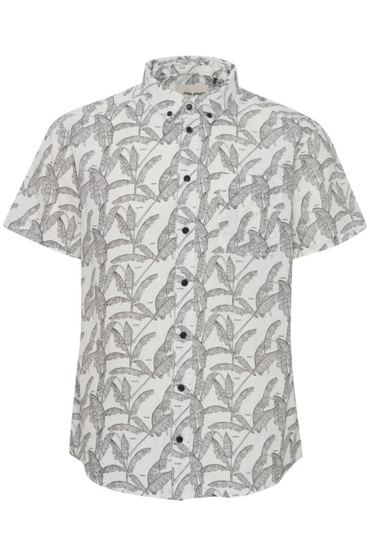 Linen Blend Palm Print Camp Collar Shirt - White