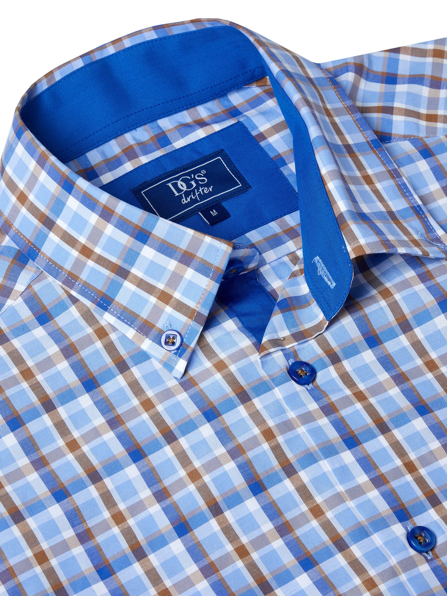 Cotton-Blend Button-Down Short-Sleeve Shirt - Blue / Tan Check