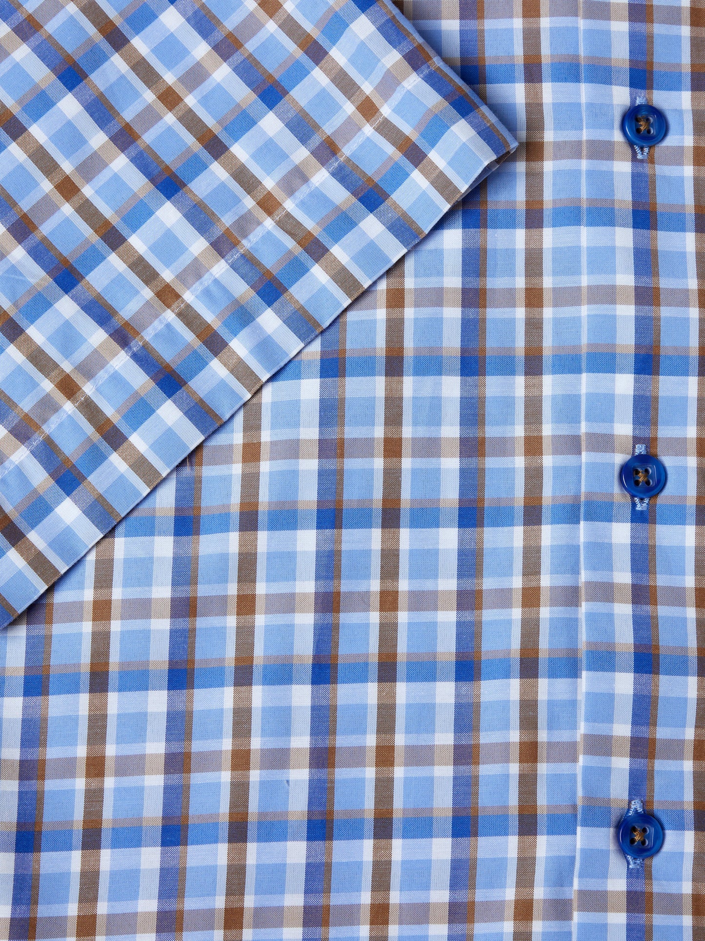 Cotton-Blend Button-Down Short-Sleeve Shirt - Blue / Tan Check