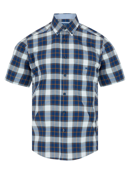 Cotton-Rich Button-Down Short-Sleeve Shirt - Navy / Tan Check