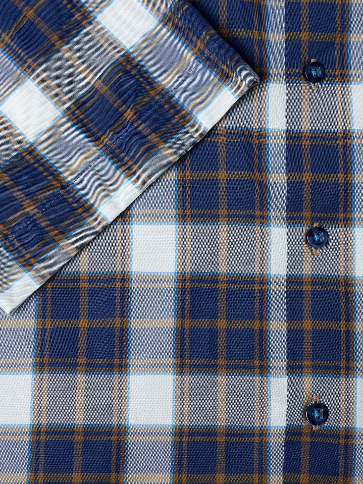 Cotton-Rich Button-Down Short-Sleeve Shirt - Navy / Tan Check