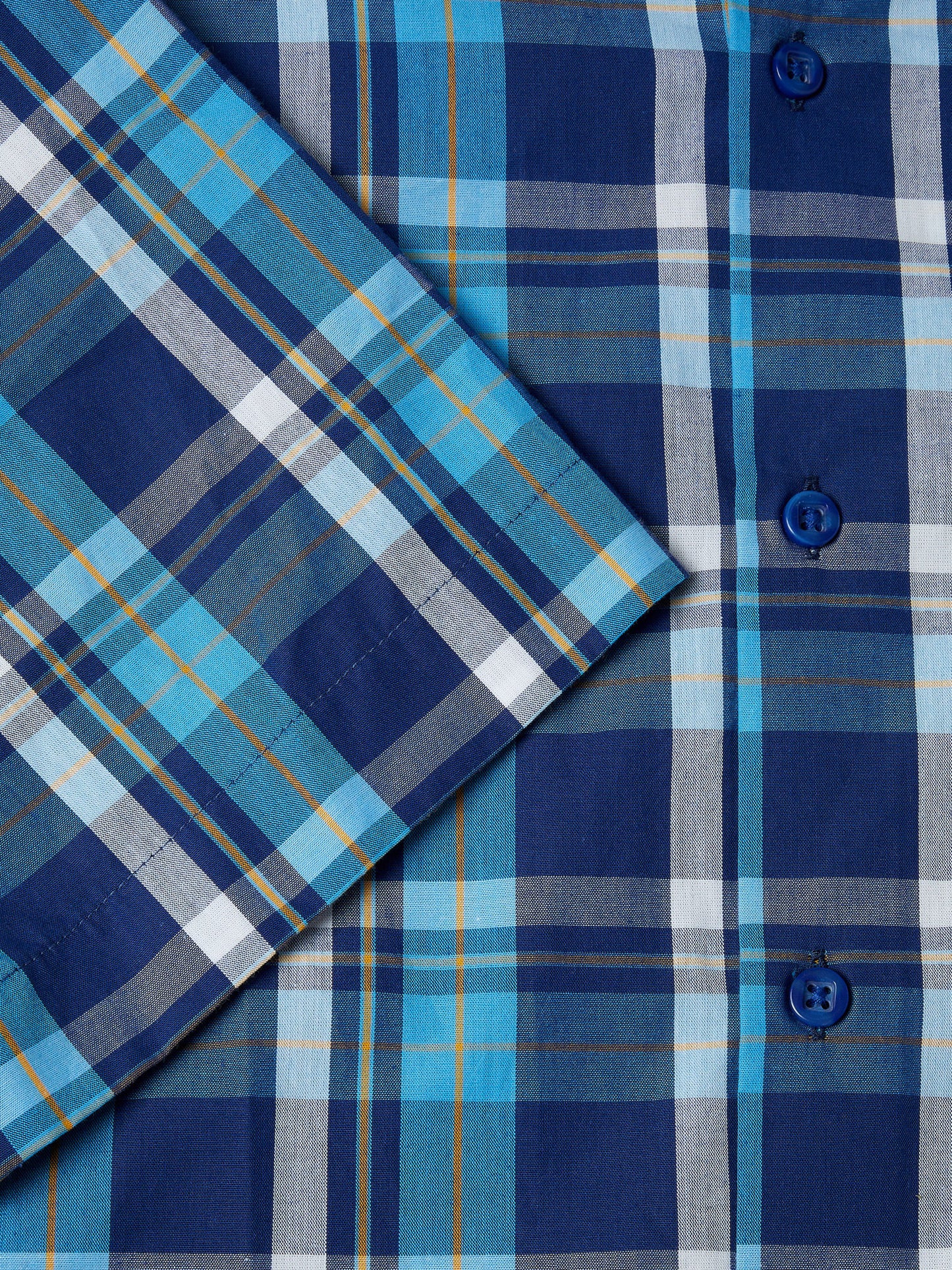 Pure Cotton Button-Down Short-Sleeve Shirt - Blue Check