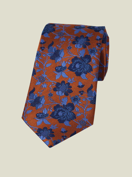 Pure Silk Woven - Burnt Orange Floral Tie II